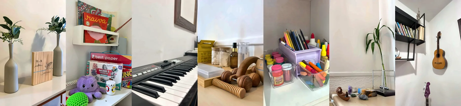 Detalhes do Ágape: recepção, livros e brinquedos, teclado, materiais de massagem, materiais de arte, planta e violão.